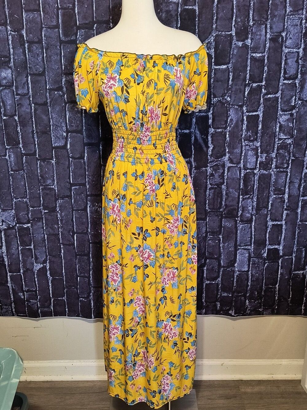 Floral Smocked Waist Women's Maxi Dress Large Yellow Off Shoulder Short Sleeve L